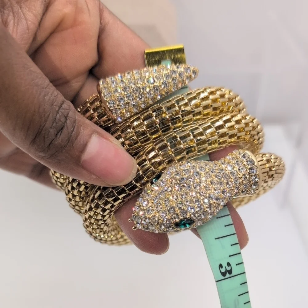 Gold Snake Coil Wrap Bracelet - Pave Rhinestones & Green Eyes - Statement Piece